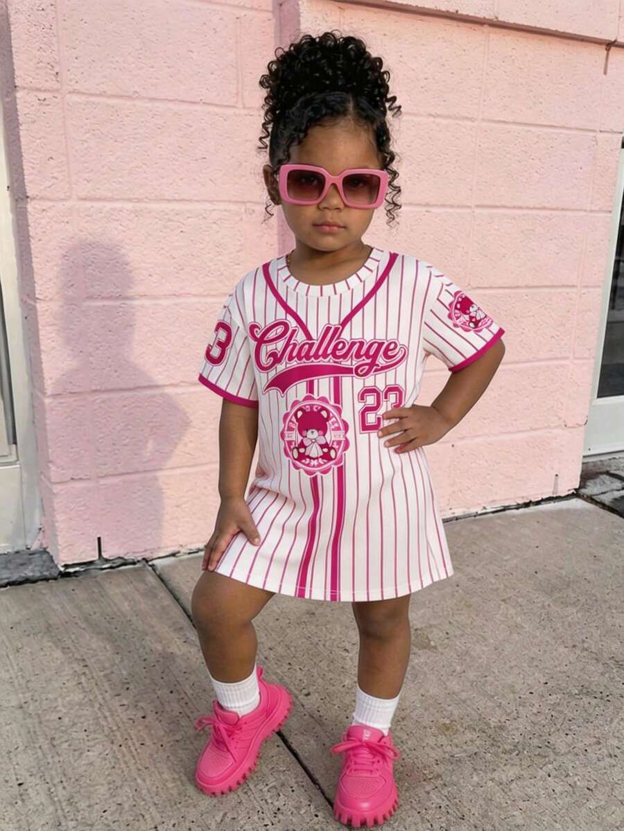SHEIN Babygirl Casual Sports Cute Letter & Stripe Short Sleeve Loose Top - Hot Pink - View 1