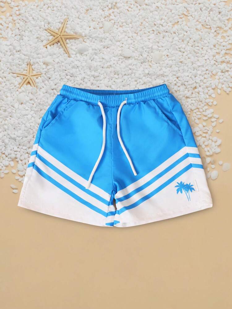 Boys Summer Swim Trunks With Elastic Waist Palm Tree Print Tropical Beach Vacation Shorts Quick Dry Swimwear