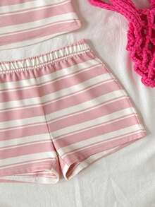 SHEIN Tween Girls' Casual Striped Tank Top And Shorts Set, Comfortable And Minimalist - Pink - View 5