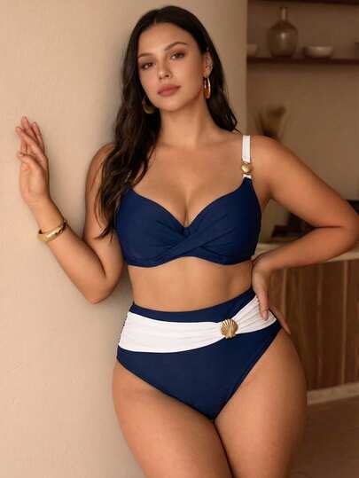 Swim Chiccia Conjunto de bikini de 2 piezas de talla grande con estilo de lujo francés para resort, con tirantes de espagueti, copa con soporte de aros y cintura alta estilizadora, modelo 2026
