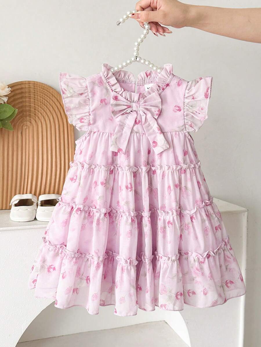 SHEIN Baby Girls' Fashionable Casual Floral Print Bow Decor Cake Dress, Suitable For Spring, Summer, Autumn, Vacation, Festivals, Parties, Daily Wear - Purple - View 1