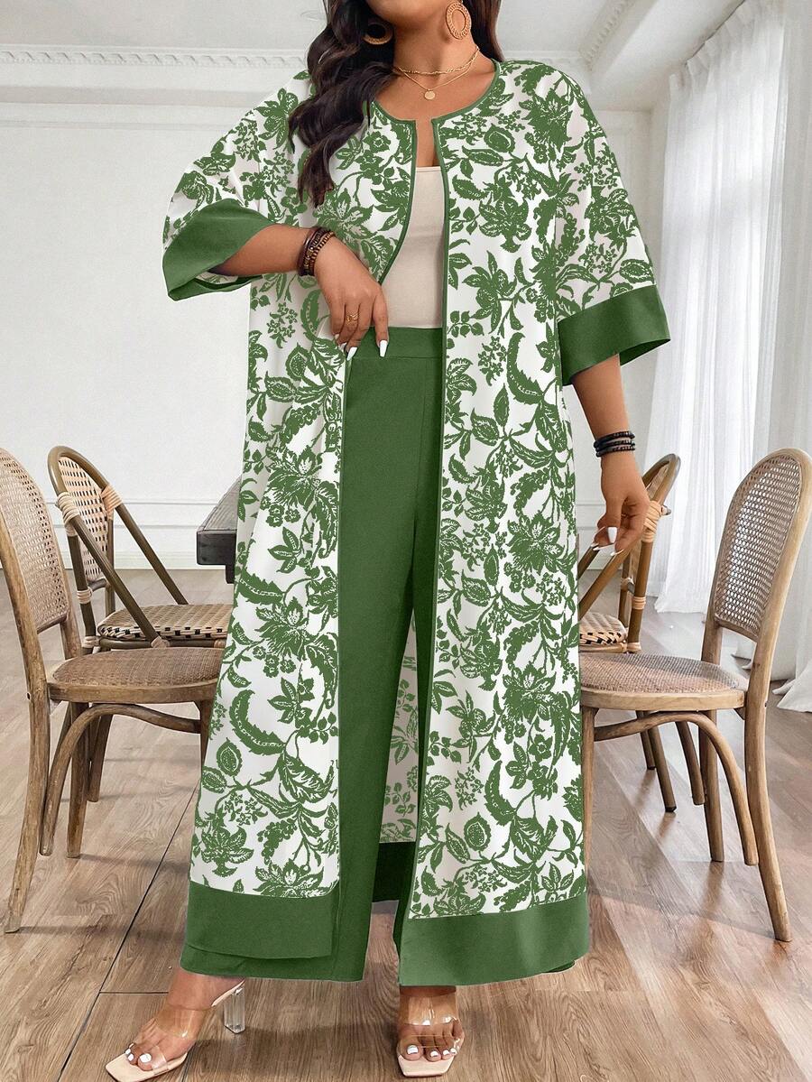Linhara Plus-Size Ladies' Woven Printed Holiday Routine 2 Pieces Set - Green - View 1