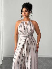 SHEIN Elenzya Plus Size Elegant Casual Striped Waist Jumpsuit, Suitable For Commuting, Spring/Summer Women Vacation Outfit Sets Women's Summer Outfits Women's Summer 2 Pieces Sets Women Outfits Sets - Apricot - View 5