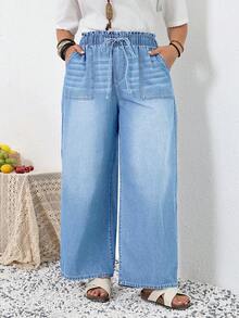SHEIN Tall CURVE Quần jeans nữ cỡ lớn mùa hè và xuân, cạp chun, túi, ống rộng, dáng suông, thoải mái, co giãn, cạp chun đàn hồi. - Rửa trung bình - Xem 5
