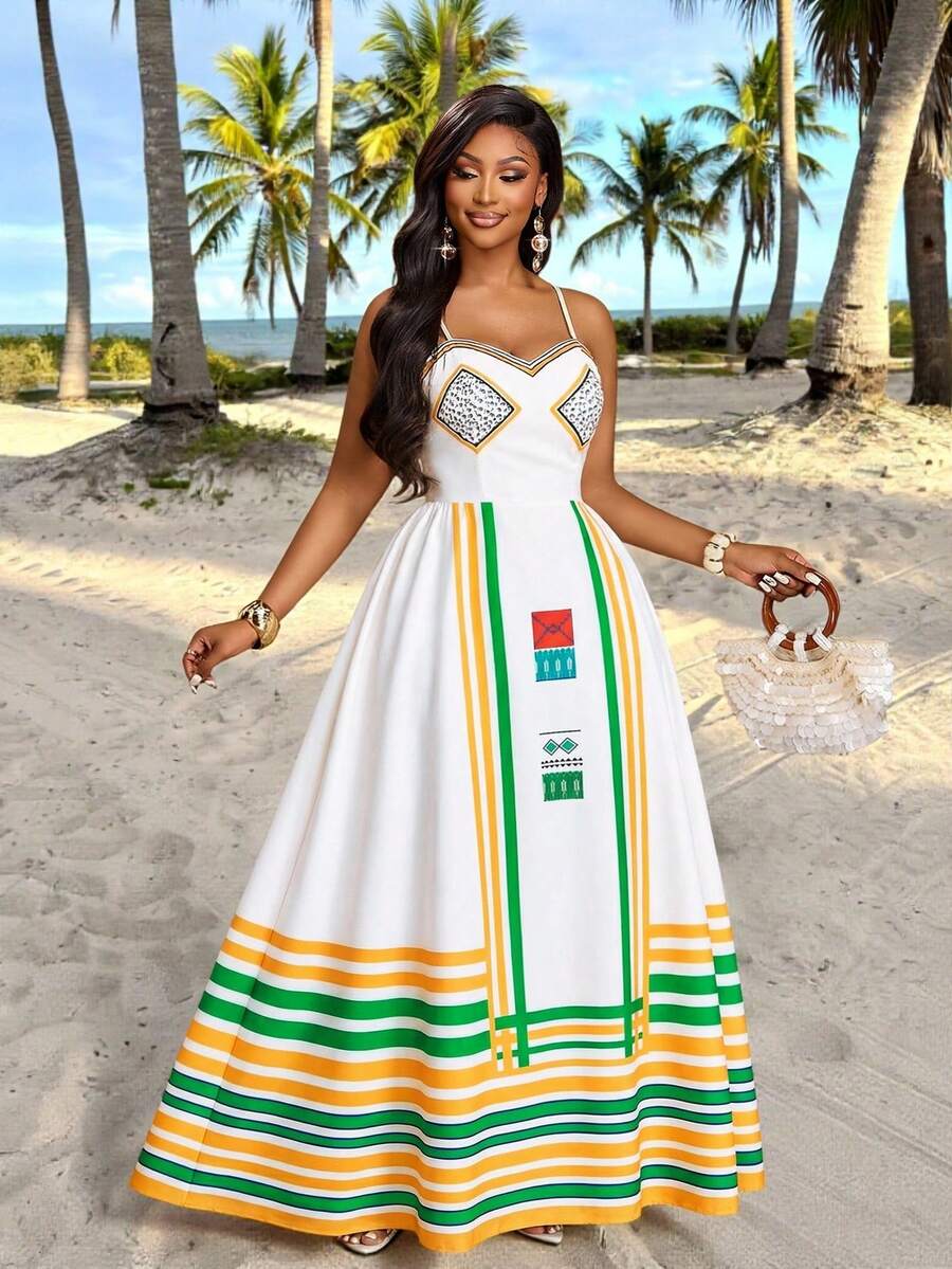 Brilight 女士时尚度假连衣裙，宽松A字廓形，条纹印花，波西米亚风格。适合婚礼季、节日、毕业季、情人节、派对等各种场合。春夏连衣裙。 - 黃色 - 查看 1