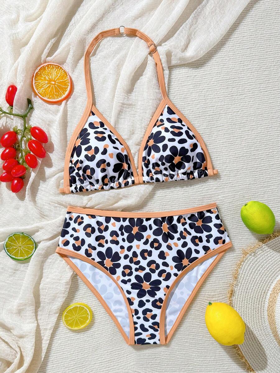SHEIN Teen Girls' Leopard Print Bikini Set, Fashionable Sexy Two-Piece Swimsuit, Suitable For Beach Vacation, Summer Holiday, Swimming Pool Party - Multicolor - View 1