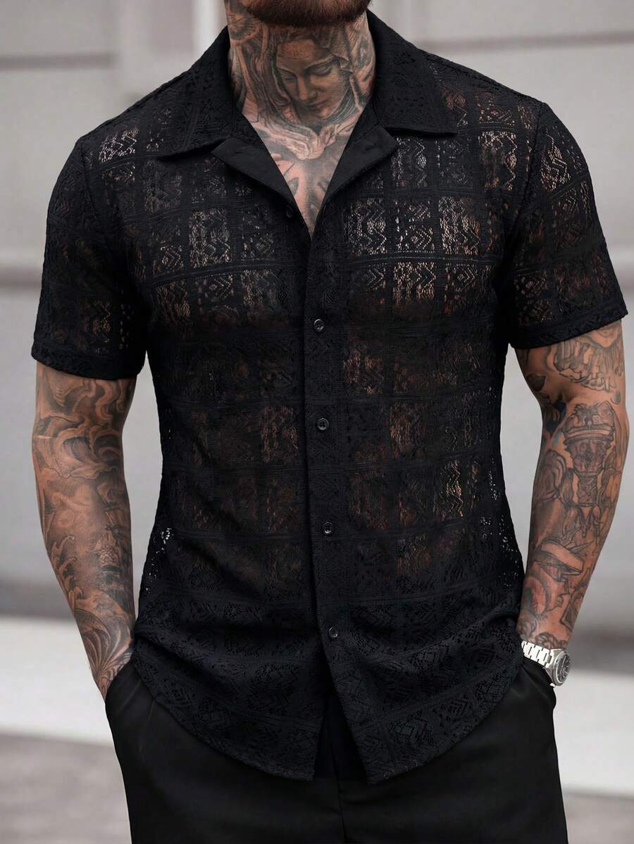 Manfinity CasualCool 男士纯色镂空设计短袖单排扣休闲衬衫 - 黑色 - 查看 1