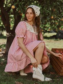 WESTFADE 格纹花卉镂空圆领短泡泡袖荷叶边迷你娃娃裙，适合春季、夏季、度假、休闲、海滨、牛仔、波西米亚风、农贸市场、野餐、假期、海滩、节日、西部风、纳什维尔、牛仔竞技表演、乡村音乐会等场合。 - 粉色 - 查看 1