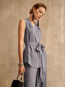 MOTF PREMIUM SPRING & SUMMER COMMUTING FASHIONABLE VINTAGE LACE-UP V-NECK SLEEVELESS VEST SUIT WITH WIDE-LEG PANTS, 2-PIECES SET FOR WOMEN - Grey - View 4