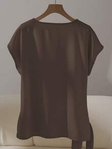 Franclia Elegant Short Sleeve Round Neck Ruffle Tie Bow Combination Khaki Women Blouse, Spring/Summer - Brown - View 2