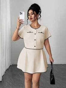 Elenzga Plus Size Summer Elegant Commuter Color Block Trim Shirt And Skirt 2 Pieces Set - Apricot - View 6