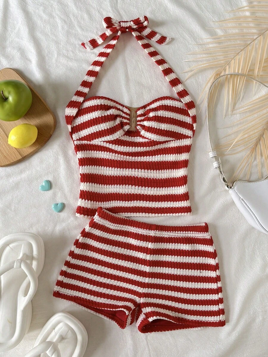 Tween Girls' Casual Striped Tank Top And Shorts Set, Comfortable And Minimalist - Red - View 1