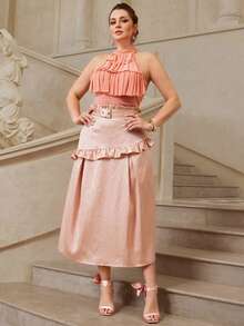 VOLUPTÉ CURVE Plus Size Summer Pink High Waist Textured Paneled A Line Ruffle Blush Tea Fabric Long Elegant Formal Skirt For Graduation Vacation Party - Baby Pink - View 8