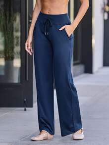 Denimoi Women's Sports Yoga Flare Pants With Criss-Cross Waistband & Letter Print - Navy Blue - View 1