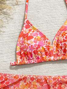 SHEIN 少女碎花比基尼套装，可爱紫色/橙色/蓝色彩色泳装，针织面料挂脖露背可调节肩带，三件式泳衣搭配印花网纱裙，时尚休闲优雅泳装，适合游泳、海滩、夏季度假 - 彩色 - 查看 4