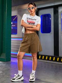 Streetz SHEIN Sport 撞色滚边休闲运动短裤 - 棕色 - 查看 3