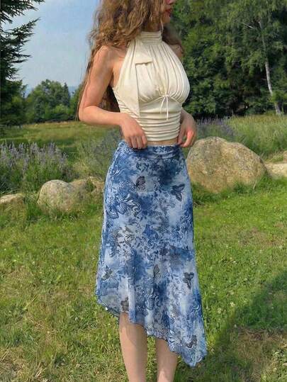 SHEIN MOD Women's Fashion Asymmetrical Hem Butterfly Print A-Line Skirt,Summer,Vacation Outfits, Retro, Vintage,Country Outfits,Date, Picnic,Festival,Birthday Wear, Cottagecor,,Y2K
