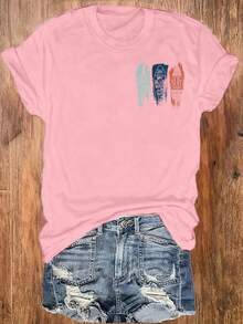 Women's Casual Letter Print Round Neck T-Shirt, Summer - Baby Pink - View 2