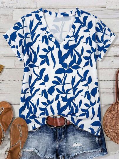 EMERY ROSE Casual minimalistisch T-shirt met blauwe bladprint voor dames, korte mouwen, geschikt voor lente/zomer, vakantie, veelzijdig.
