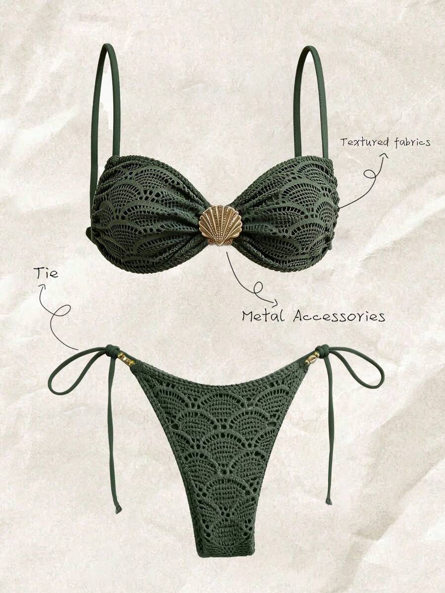 Elavelle Women's Sexy Army Green Plain Fabric Lace Up Spaghetti Strap Bikini Set With Tie Side Bottom And Metal Shell Detail Short Length - Army Green - View 1