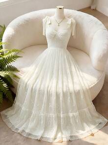 Elenzga 女士吊带系带收腰A字优雅浪漫精致蕾丝连衣裙 - 杏色 - 查看 4