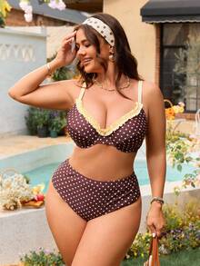 Swim Mod Bộ bikini cúp ngực mềm mại kiểu châu Âu và Mỹ cỡ lớn với gọng thép, họa tiết chấm bi cổ điển. - màu nâu - Xem 4