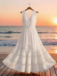 GlowEve Trang phục nghỉ mát mùa hè thanh lịch, gợi cảm, kiểu Pháp tối giản, không tay, cổ chữ V, ren khoét eo, dài, màu trắng. - trắng - Xem 8