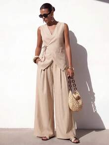 Zivah 2pcs Casual Vacation Linen Texture Knotted Collar Vest And Pleated Long Pants Set For Women Yacht Outfit Women Working Dress For Women Wool Two Pieces Women's Work Clothes For The Office Work Outfits Women - Khaki - View 2