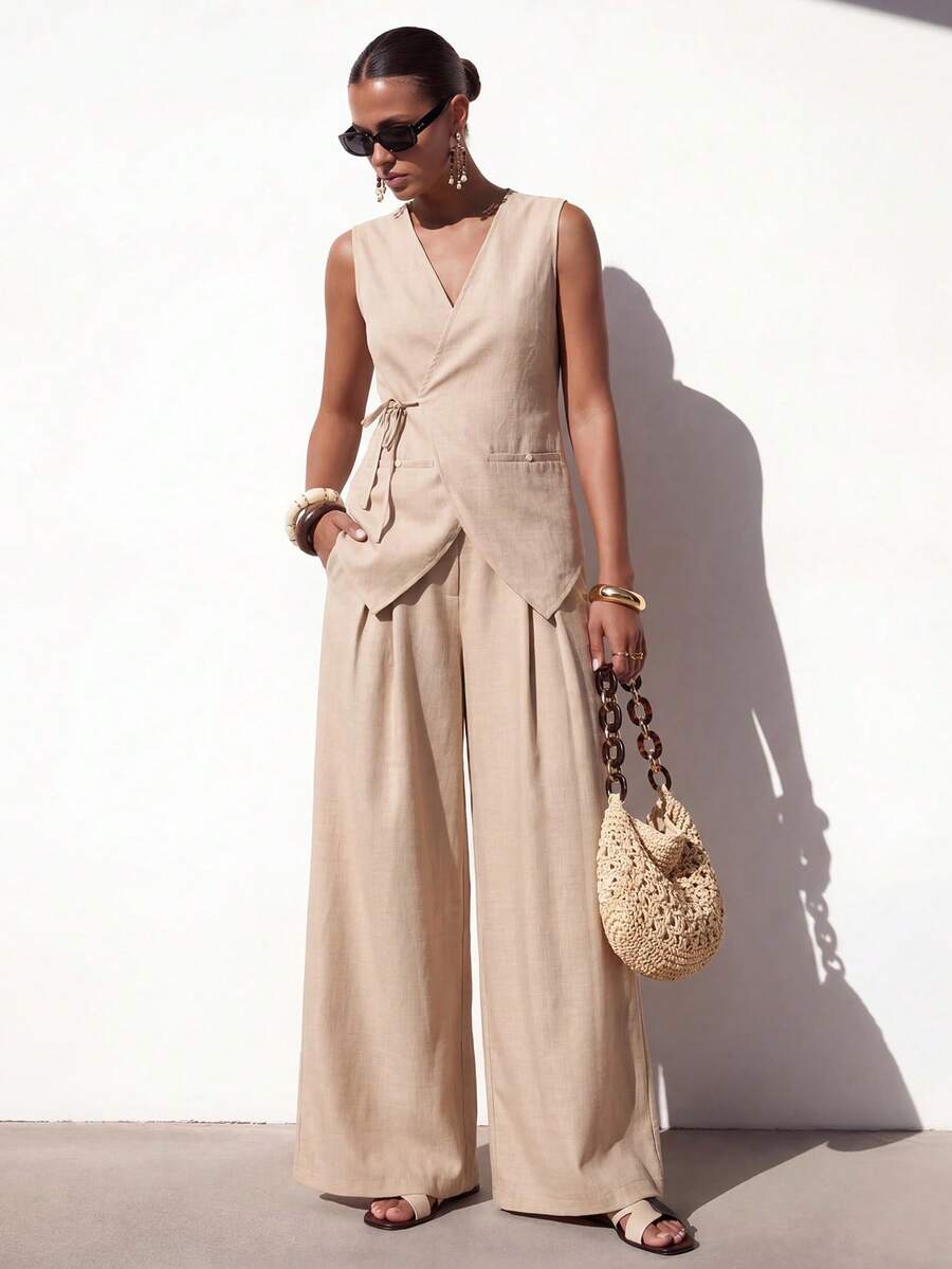 Zivah 2pcs Casual Vacation Linen Texture Knotted Collar Vest And Pleated Long Pants Set For Women Yacht Outfit Women Working Dress For Women Wool Two Pieces Women's Work Clothes For The Office Work Outfits Women