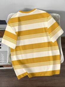 Manfinity Joysei Men's Patchwork Striped Animal Print Knit Fabric Round Neck Short T-Shirt, Suitable For Summer Sports & Casual Wear - Yellow - View 2