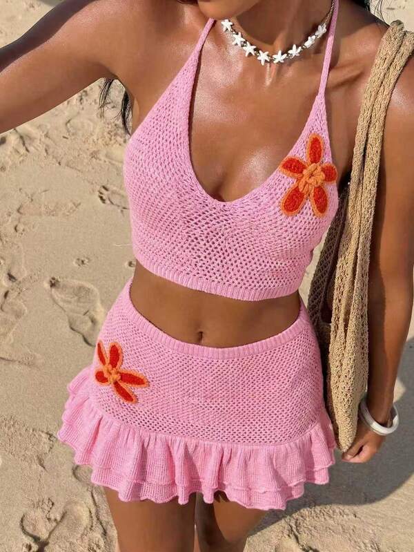 Trelyra 新款夏季欧美性感修身V领海星印花上衣和半裙两件套，波西米亚浪漫度假宽松休闲装