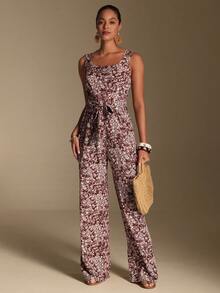 Swim Chiccia Women's All-Over Print Twist Waist Casual Jumpsuit Pants For Daily Wear - Coffee Brown - View 5