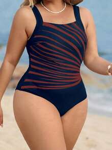 Swim Lushoire Plus Size Women's One-Piece Swimsuit, Basic Minimalist Vacation Sports Style, Slimming Color Block Print - Burgundy - View 3