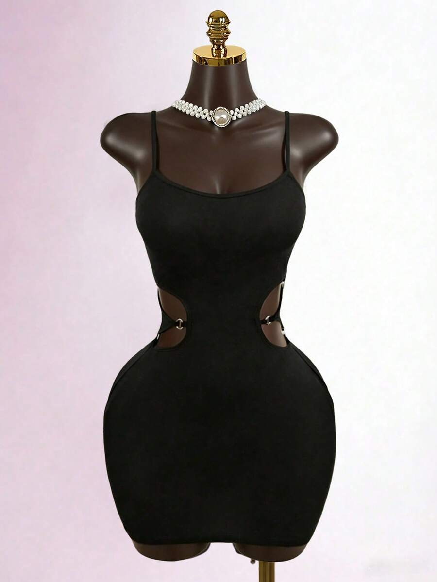 SaltGleam SaltGleam Vestido corto de camisola con recortes sexy, estilo Y2K, minifalda ajustado sin mangas y con espalda descubierta en color negro - Negro - Ver 1