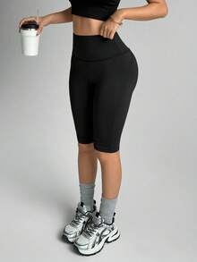 Easithlete 女士无缝纯色高腰运动短裤 - 黑色 - 查看 2