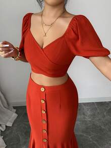 SHEIN Clasi 2pcs/Set Women's Elegant Casual Solid Color Cross Cutout Waist Button Decor Fishtail Hem Skirt & Off-Shoulder Puff Sleeve Top - Redwood - View 3