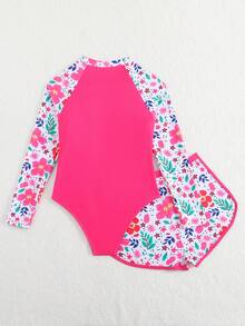 SHEIN 新款时尚女童印花拼接泳衣套装 - 玫紅色 - 查看 2