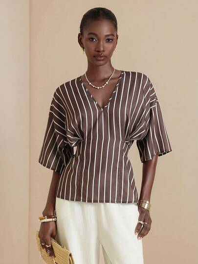 Vesra V-Neck Dropped Shoulder Short Sleeve Elastic Waist Tie Back Casual Vacation Shirt For Women, Spring/Summer