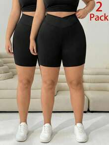 SHEIN EZwear 2件套加大码女士针织休闲黑色短裤，夏季 - 黑色 - 查看 1