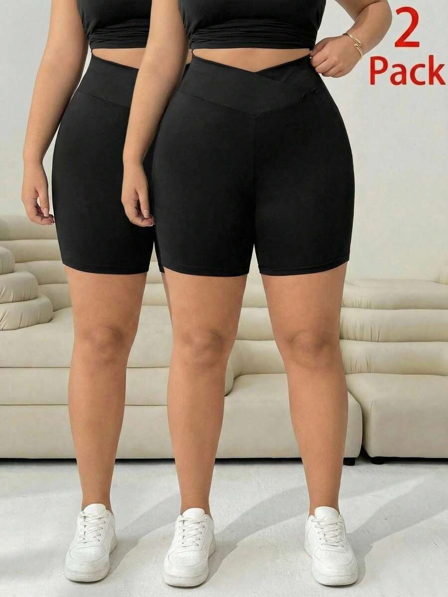 SHEIN EZwear 2件套加大码女士针织休闲黑色短裤,夏季 - 黑色 - 查看 1