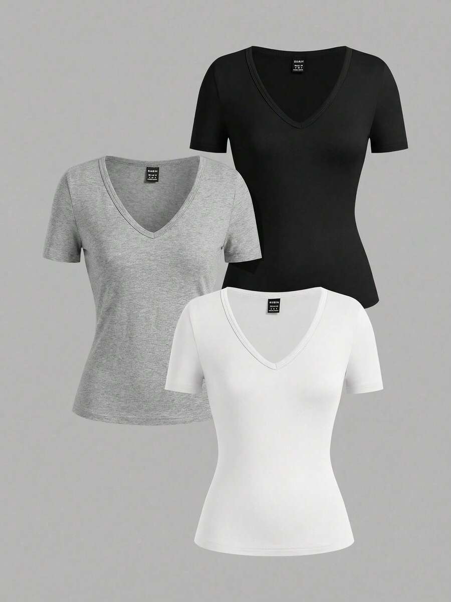 SHEIN EZwear 3件組女款深V領緊身休閒短袖基礎內搭長袖T恤套裝,春夏上衣,日常校園穿搭,黑色灰色白色 - 彩色 - 查看 1
