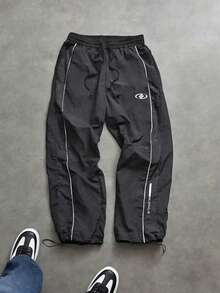 Sport MetroGents Quần jogger nam in chữ, kẻ sọc, có dây rút, kiểu dáng thường ngày, phù hợp cho chạy bộ, đạp xe, tập thể dục. - màu đen - Xem 4