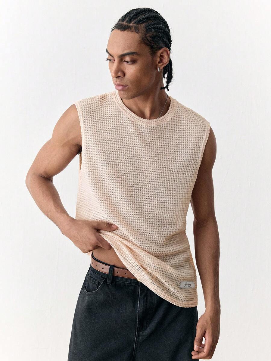 SWAVVY Áo vest nam không tay dáng rộng, chất liệu vải jacquard, cổ tròn, size tiêu chuẩn, thích hợp cho mùa hè. - Màu be - Xem 1