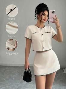 Elenzga Plus Size Summer Elegant Commuter Color Block Trim Shirt And Skirt 2 Pieces Set - Apricot - View 1