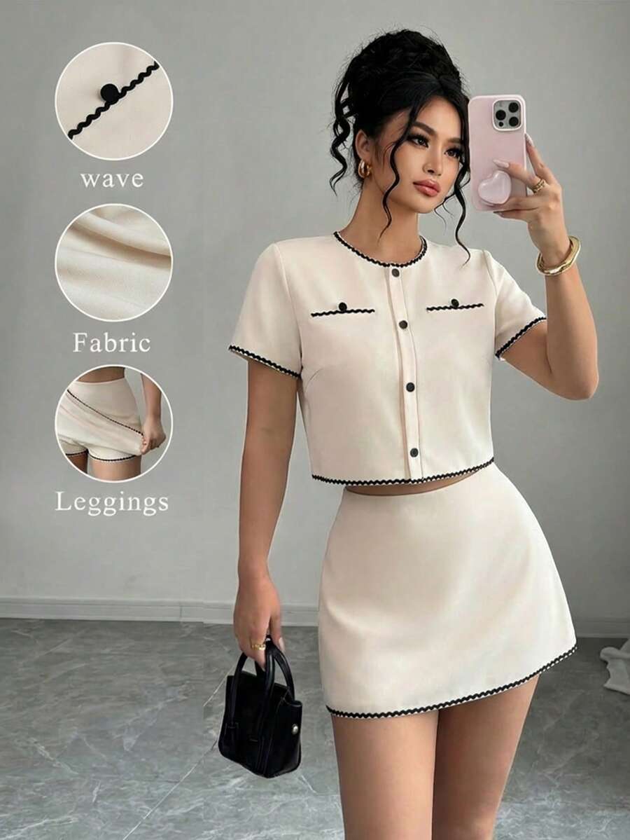 Elenzga Plus Size Summer Elegant Commuter Color Block Trim Shirt And Skirt 2 Pieces Set - Apricot - View 1