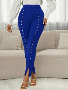 SHEIN Lady Quần legging nữ cạp cao, xẻ tà, đính hạt cườm - Xanh đậm - Xem 5