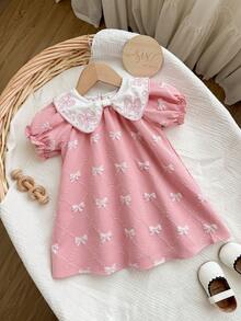 SHEIN Đầm ngắn tay màu hồng dễ thương cho bé gái, cổ nơ, thích hợp cho mùa hè. - Hồng - Xem 6