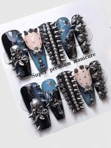 ROMWE 10片朋克风铆钉假指甲+3片美甲双面胶带，深色高品质黑蓝渐变手工美甲，复古金属骷髅头、星星装饰，可重复使用的长棺材形假指甲，四季皆宜，适合日常、派对、舞蹈等场合。 - 粉黑藍 - 查看 1