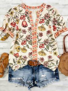 Linhara 大码梭织印花休闲夏季女式衬衫 - 卡其色 - 查看 5