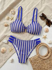 Swim Mod Conjunto de bikini a rayas sexy para mujer de talla grande para la playa - Azul - Ver 3